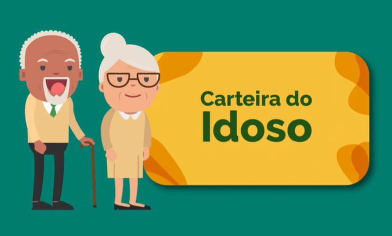 Representação gráfica de um casal de idosos ao lado de um cartão com a inscrição "Carteira do Idoso".