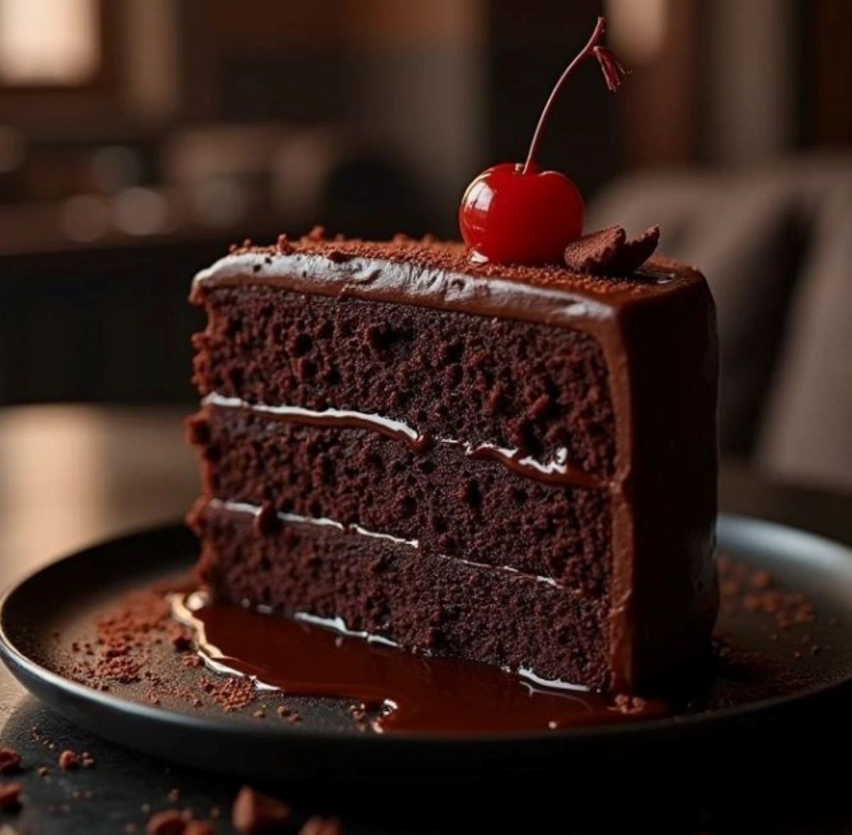 Fatia de bolo de chocolate molhadinho com cobertura cremosa e cereja no topo.