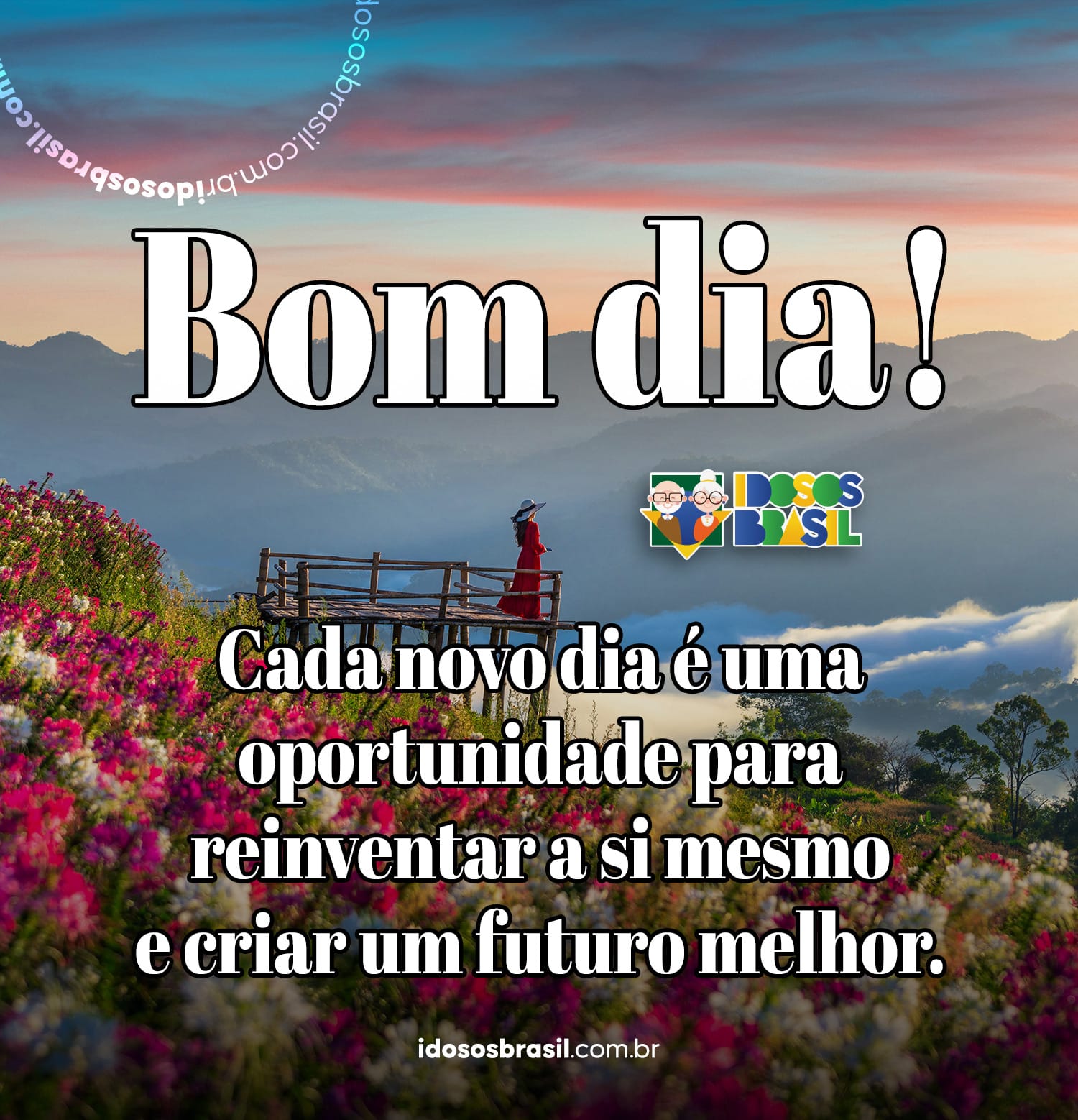 Mensagem de bom dia para domingo com paisagem inspiradora ao fundo.
