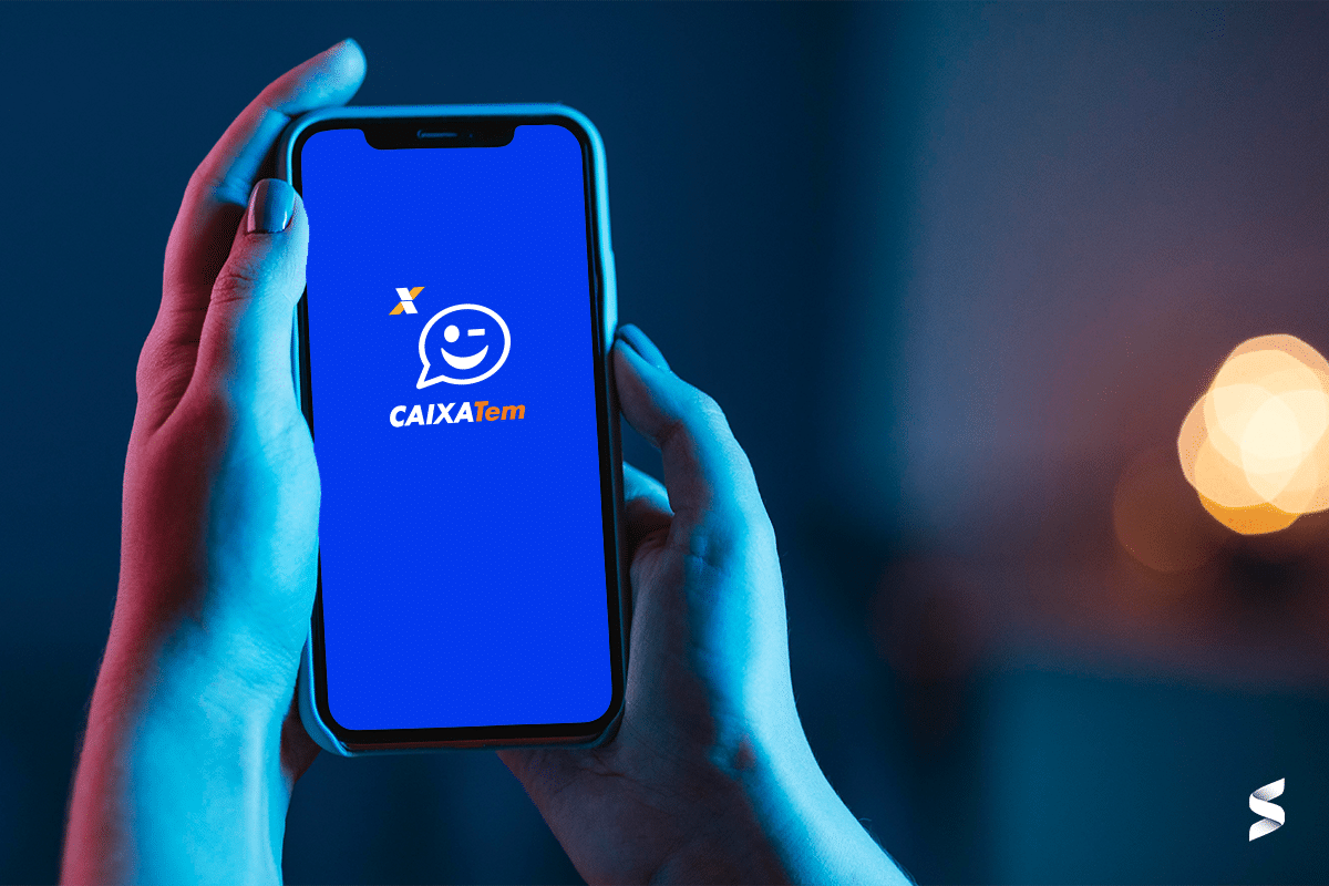Tela do aplicativo Caixa Tem mostrando o logo, com uma interface segura.