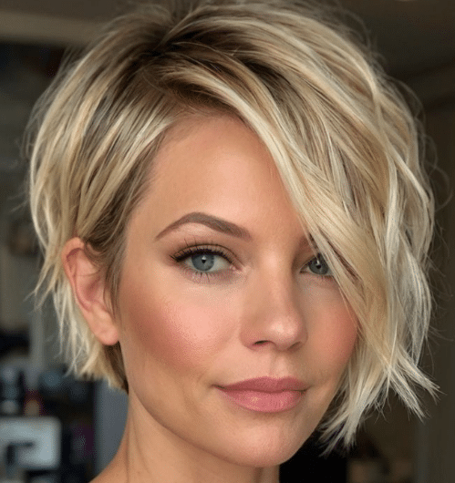 Mulher com corte de cabelo moderno e franja lateral, olhando diretamente para a câmera.