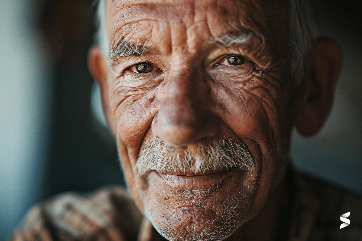 Rosto sorridente de um idoso com olhar expressivo e rugas marcantes.