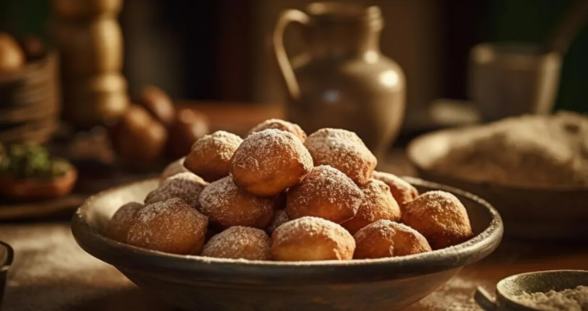 Bolinho de chuva de fubá com açúcar, delicadamente empilhados em uma tigela de barro.
