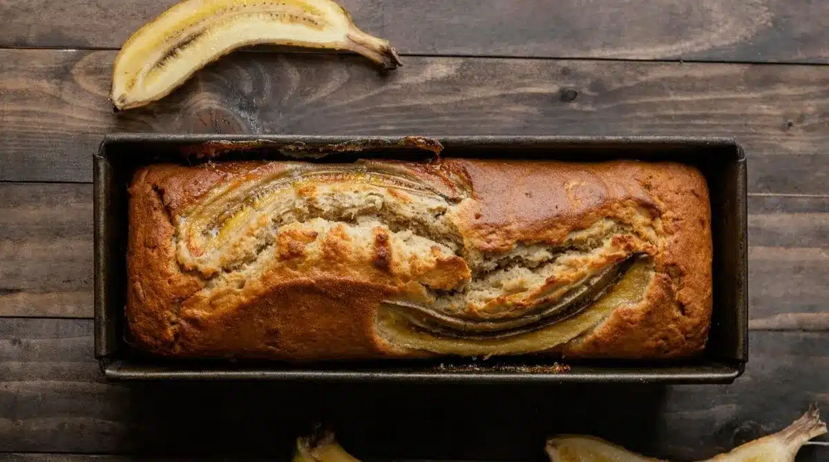 Bolo FIT de banana recém-assado, com fatias de banana por cima, servido em uma assadeira.