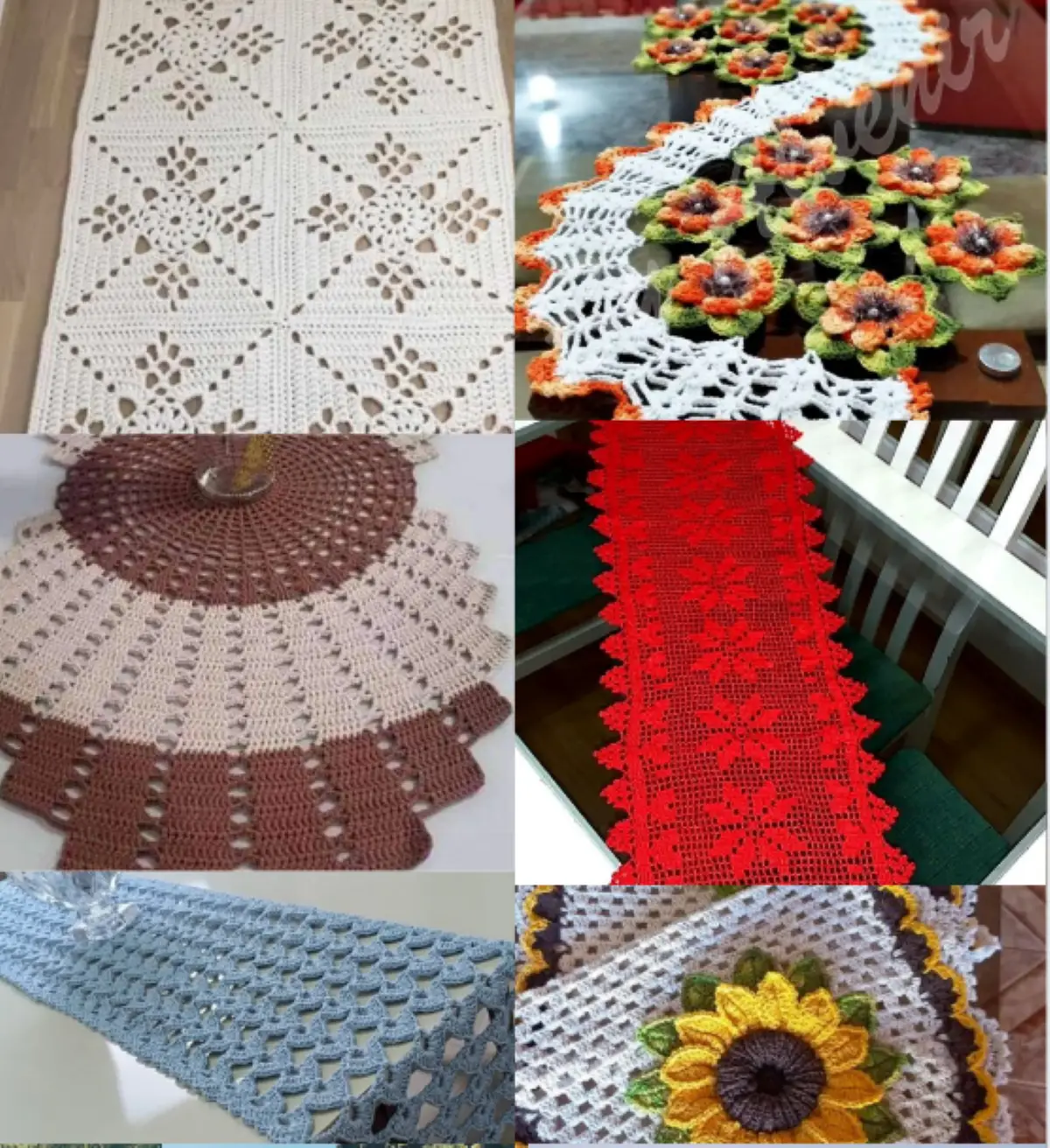 Conjunto de caminhos de mesa de crochê com diferentes padrões e cores vibrantes.