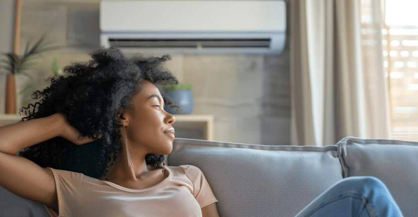 Mulher relaxando no sofá enquanto o ar-condicionado está ligado no modo ECO.