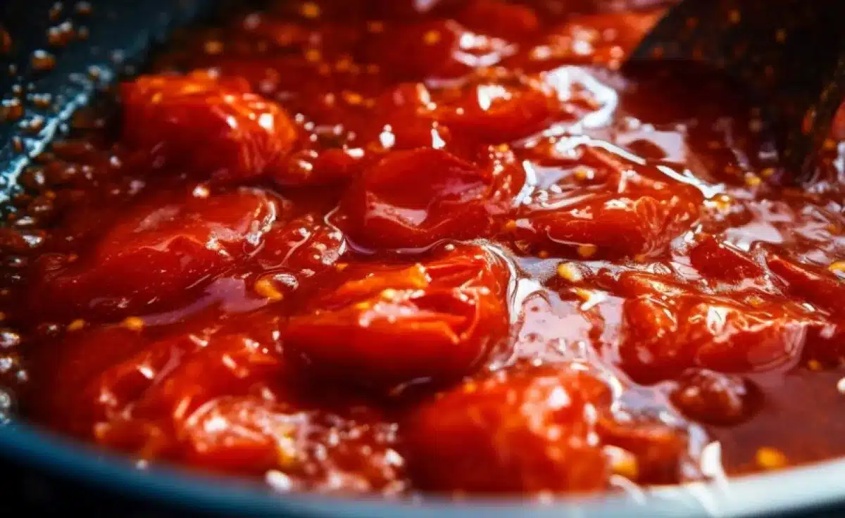 Molho de tomate caseiro sendo preparado com tomates frescos em uma panela.