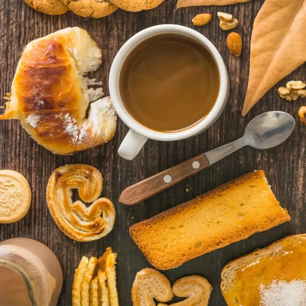 Café da manhã com café, torradas crocantes, biscoitos e pães amanteigados.
