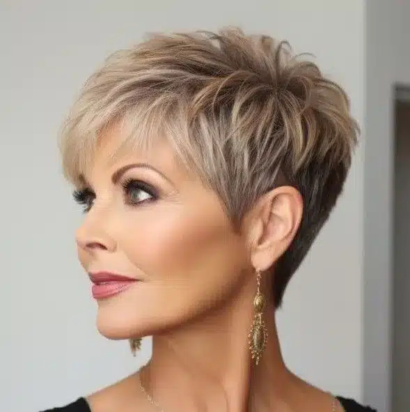 Mulher com corte de cabelo pixie, um estilo curto e moderno, que transmite confiança e elegância.