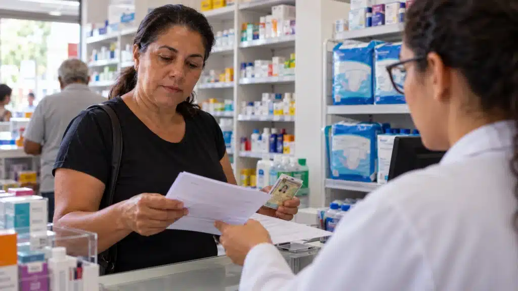 Mulher apresenta documentos em farmácia, representando a retirada de fraldas geriátricas em nome de um idoso acamado pelo Programa Farmácia Popular.