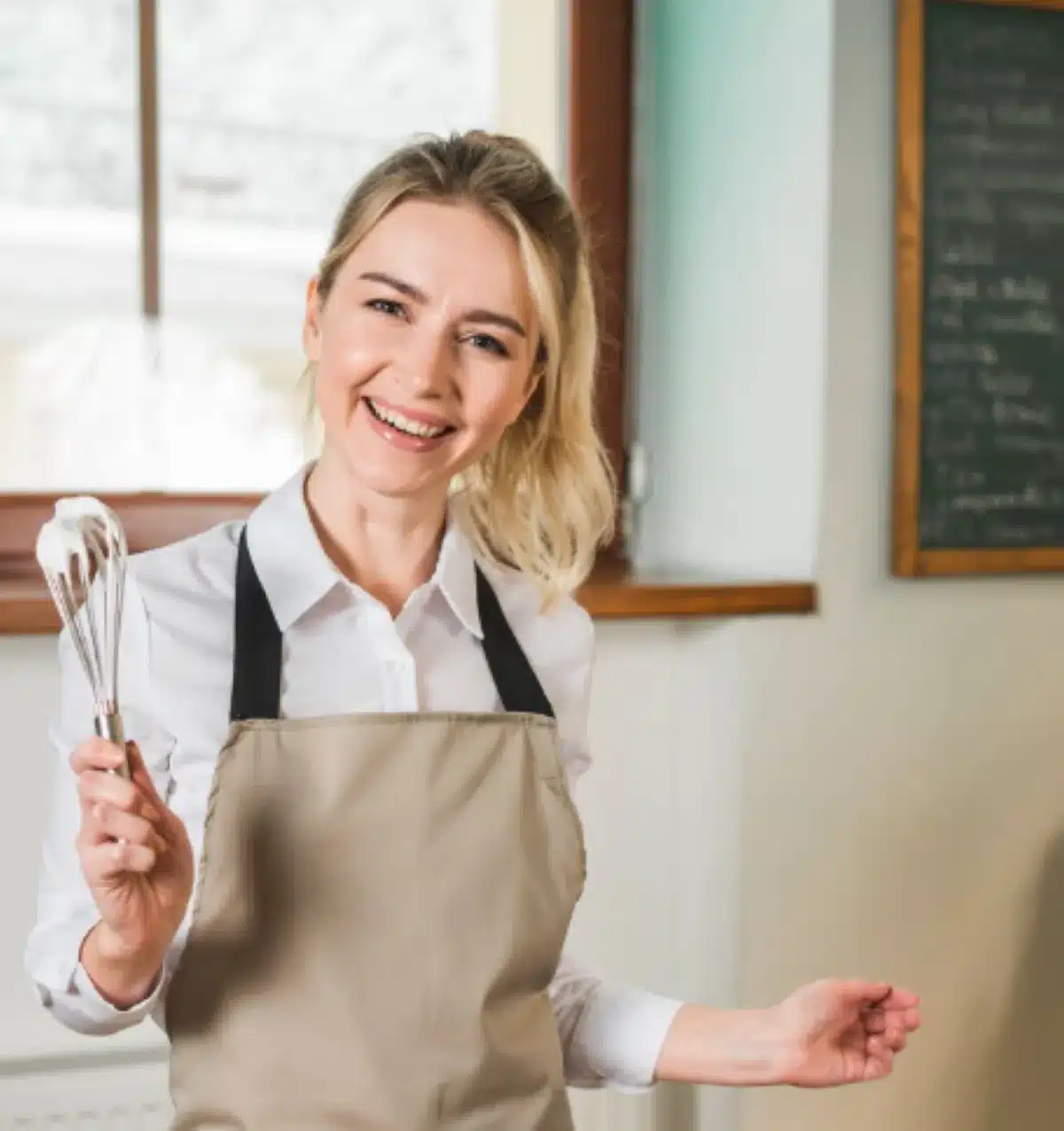 Chef sorridente segurando um fouet com creme, pronta para preparar uma sobremesa deliciosa.