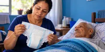 Cuidadora segurando fralda geriátrica ao lado de idoso acamado.