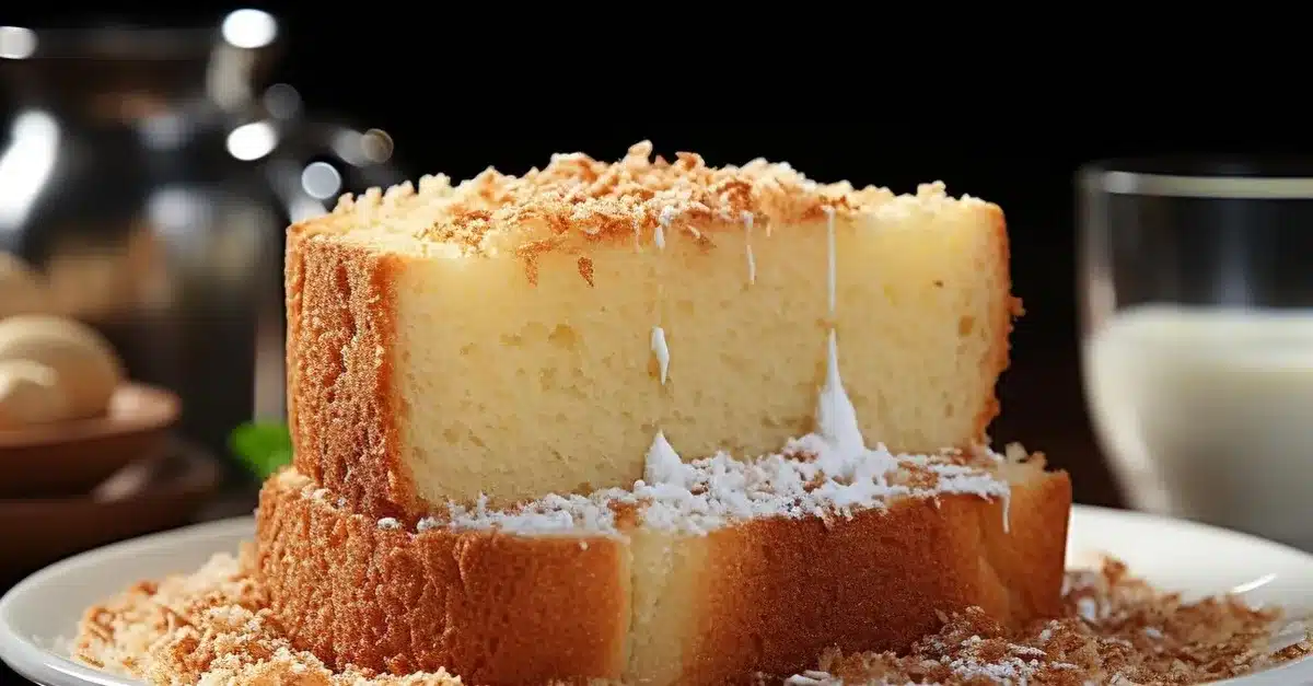 Imagem de um bolo de coco fofinho, ideal para um lanche da tarde delicioso e simples de fazer.