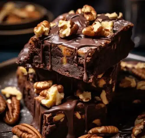 Bolo de chocolate com pedaços de nozes e cobertura de ganache, uma deliciosa variação de bolo de chocolate.
