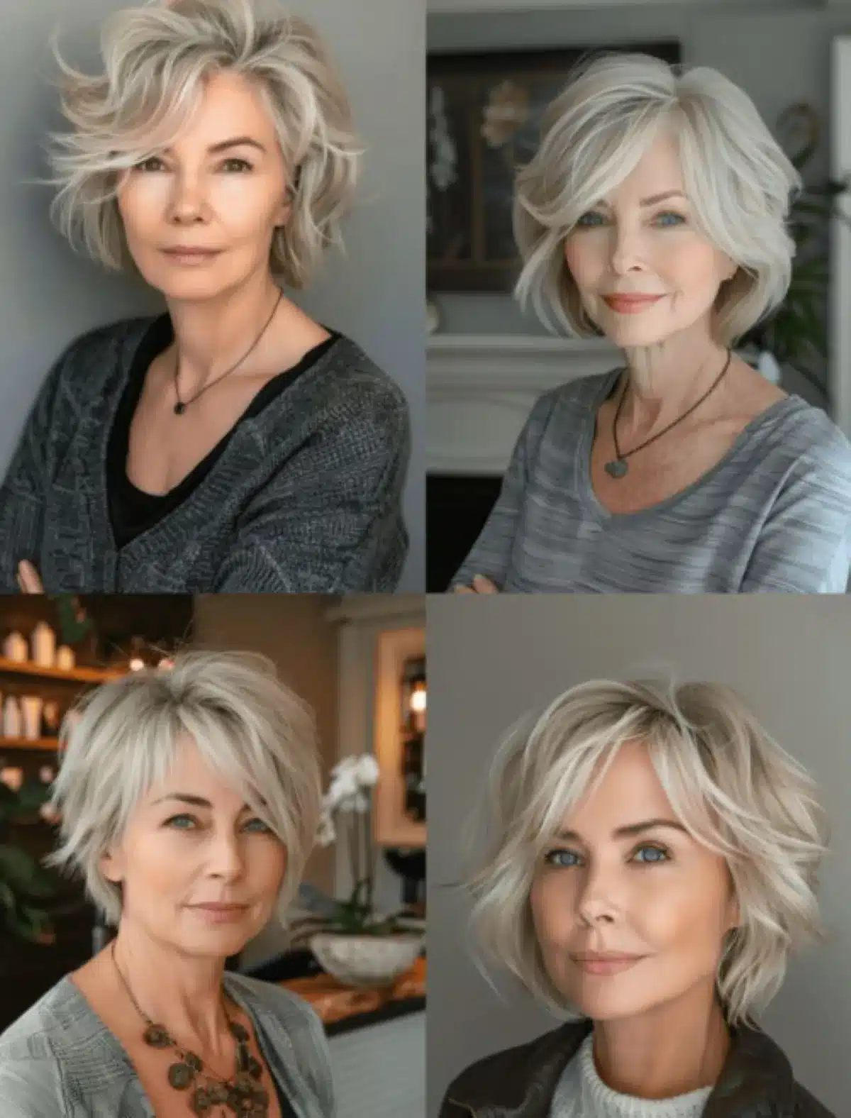 Quatro opções de cortes de cabelo curto em mulheres, com diferentes estilos e texturas.