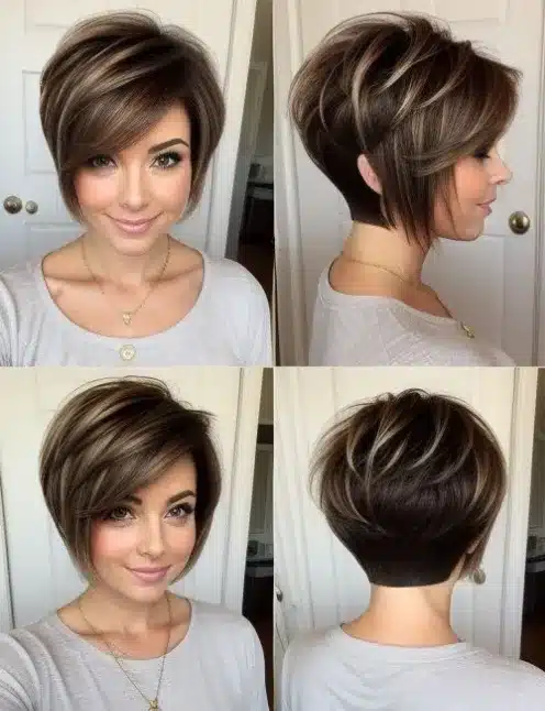 Mulher com corte assimétrico moderno, visto de diferentes ângulos