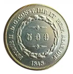 Imagem do reverso da moeda de 500 réis de 1848, com detalhes do valor e da inscrição, peça rara que pode valer até 120 reais no mercado de numismática.