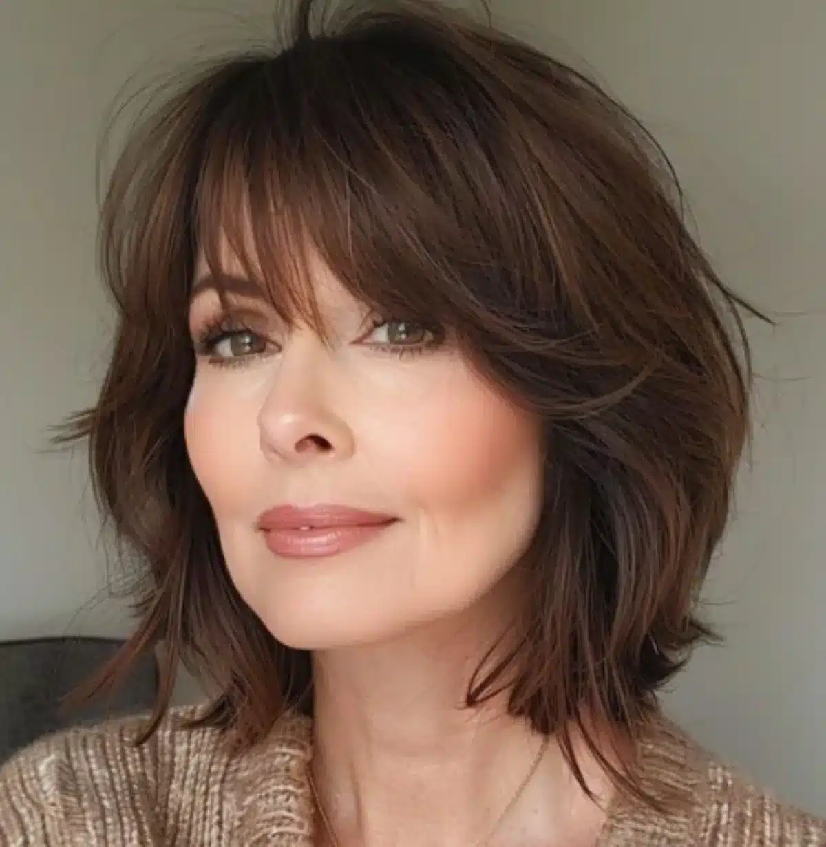 "Mulher com franja moderna e corte volumoso, destacando um estilo elegante para mulheres acima dos 50 anos."