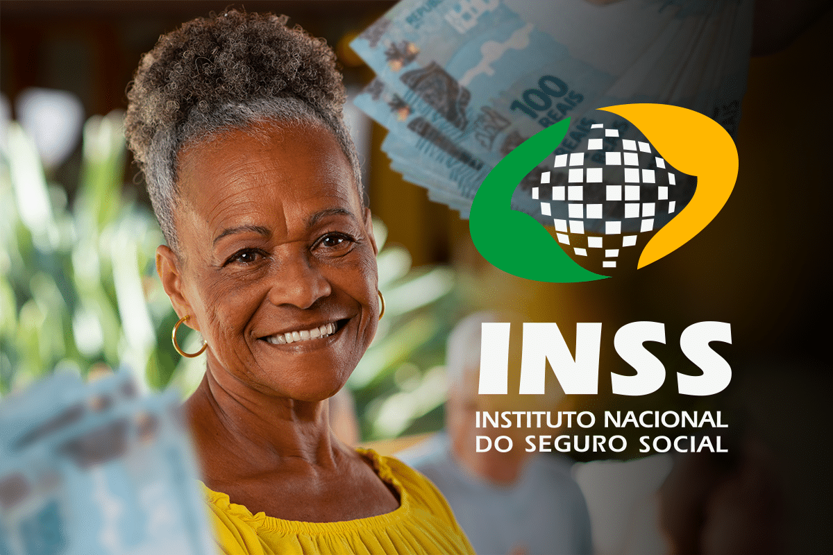 Imagem de uma aposentada sorrindo com dinheiro em mãos, representando o pagamento do INSS em abril de 2025.