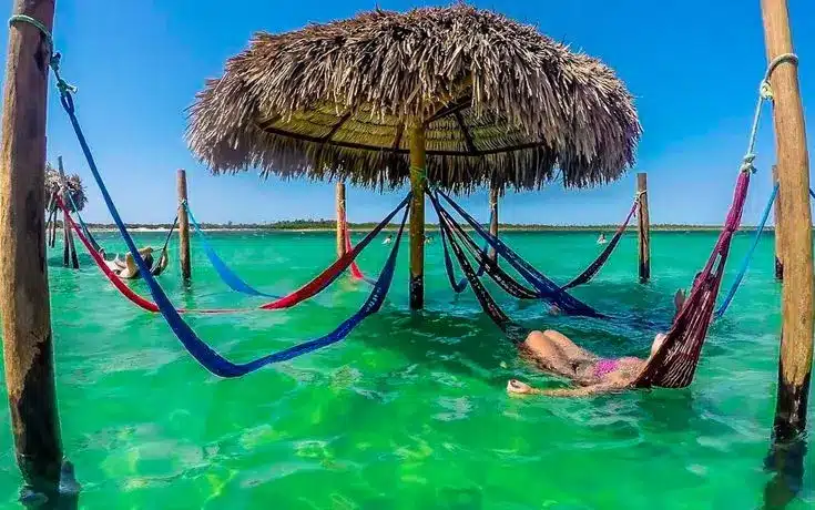 Relaxando na Praia de Jericoacoara Redes suspensas sobre as águas cristalinas da praia de Jericoacoara, oferecendo um lugar sereno para relaxar.
