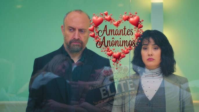 Cena de 'Amantes Anônimos' (Adsız Aşıklar) com os personagens principais em um momento tenso, com a legenda da série.