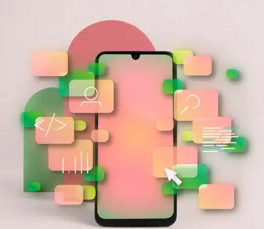 Smartphone com elementos digitais flutuantes representando configurações e ajustes.