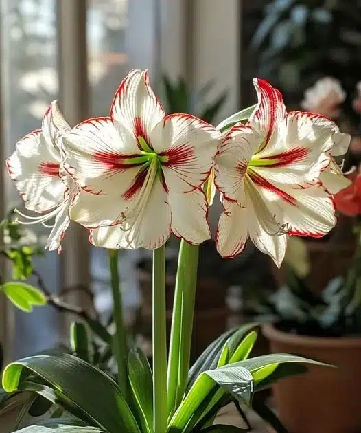 "Flores de amarílis em plena floração com pétalas brancas e detalhes em vermelho, exibidas em uma sala iluminada."