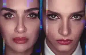 Imagem promocional da série 'Asas da Ambição', mostrando dois rostos femininos em close-up, um com maquiagem leve e o outro com maquiagem mais intensa, refletindo a dualidade do enredo.