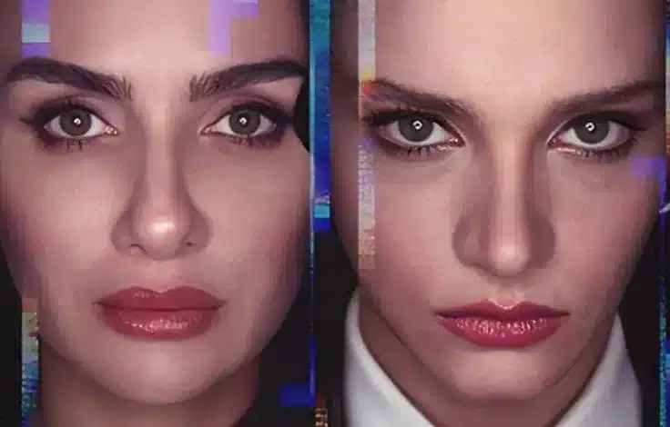 Imagem promocional da série 'Asas da Ambição', mostrando dois rostos femininos em close-up, um com maquiagem leve e o outro com maquiagem mais intensa, refletindo a dualidade do enredo.