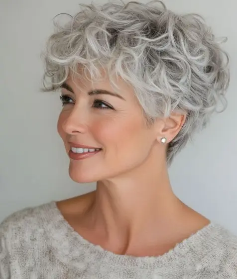 "Mulher com cabelo grisalho, estilo bixie, mostrando um visual moderno e sofisticado."