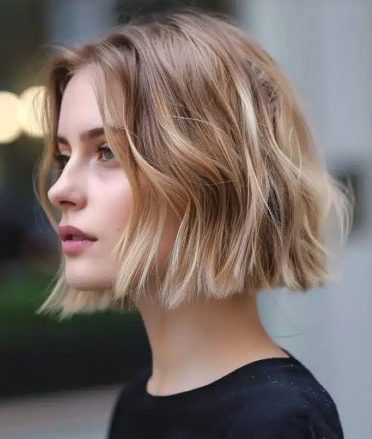 Mulher com corte blunt bob, cabelo ondulado e suave, estilo moderno e elegante.