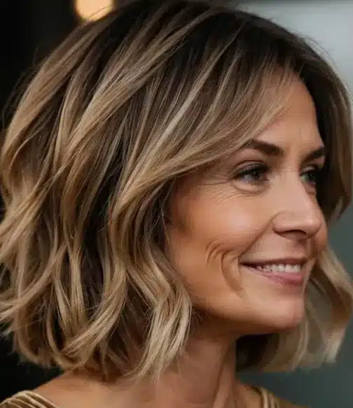 Mulher com cabelo curto em corte blunt cut, com fios loiros e ondulados.