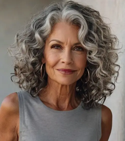 "Mulher com cabelo cacheado e grisalho, usando um bob clássico, mostrando um estilo elegante e moderno."