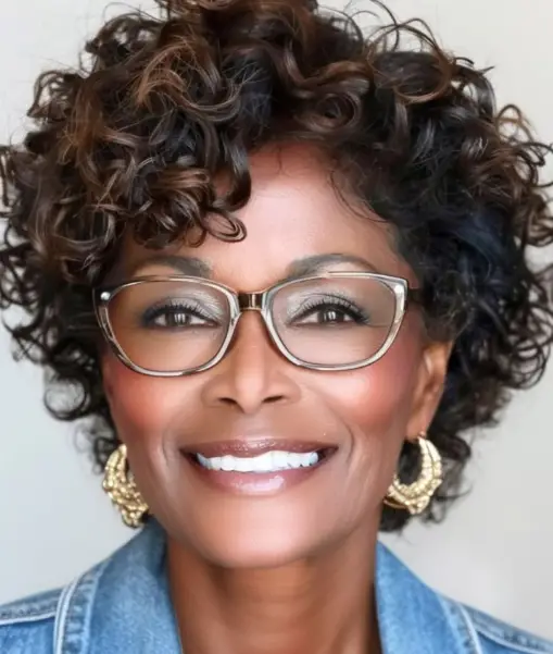 "Mulher com cabelo cacheado no estilo bob francês, exibindo um visual elegante e sofisticado."