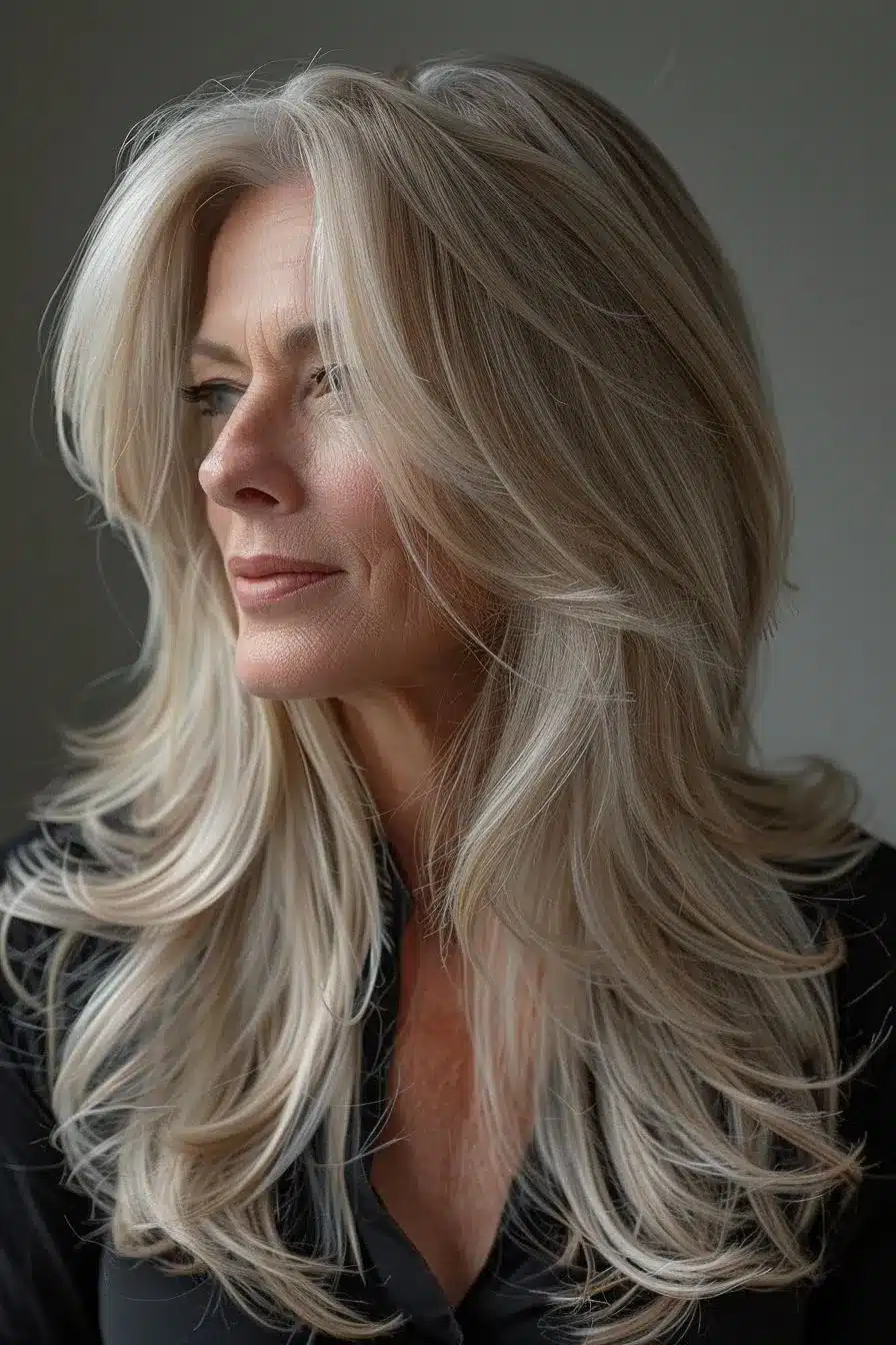 Mulher com corte butterfly cut, mostrando como o estilo pode proporcionar movimento e leveza ao rosto.