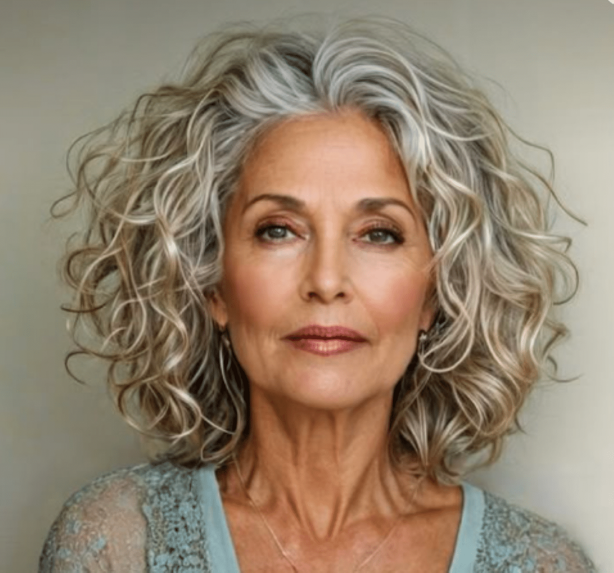 "Mulher com cabelo cacheado, usando um corte volumoso e moderno, ideal para mulheres 50+."