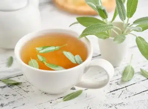 Xícara de chá de sálvia com folhas frescas flutuando sobre o líquido.