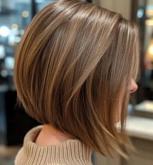 Mulher com corte de cabelo Chanel de bico, com cabelo loiro e nuances naturais.