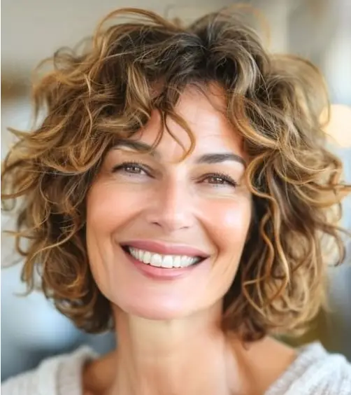  "Mulher com cabelo cacheado no estilo clavicut, sorrindo e exibindo um visual moderno e despojado."