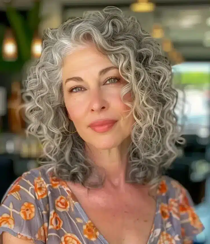 Mulher com cabelo cacheado e corte Double Long Bob, usando blusa floral, sorrindo para a câmera.