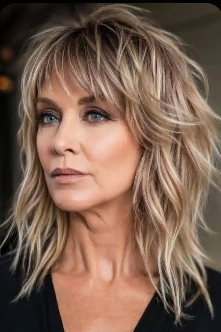 Corte shag moderno com camadas texturizadas e volume, ideal para um visual despojado e ousado.