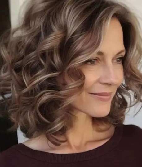 "Mulher com cabelo cacheado e volumoso, usando corte Morrison, exibindo um visual moderno e elegante."