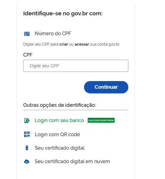 "Tela de login do gov.br, destacando opções para criar ou acessar a conta com CPF e outras formas de identificação."