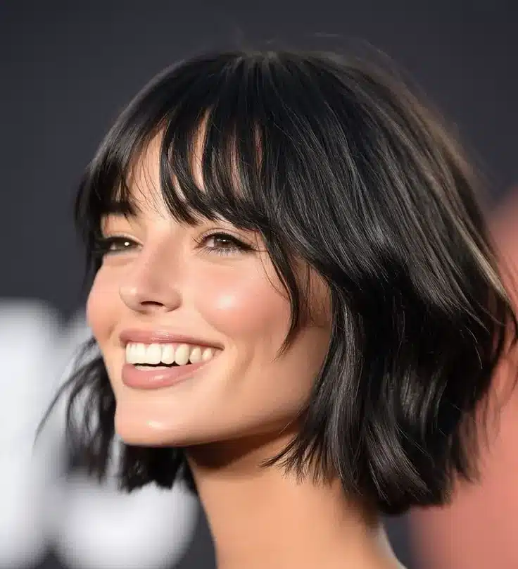 Cabelo curto com franja, estilo moderno e sofisticado.