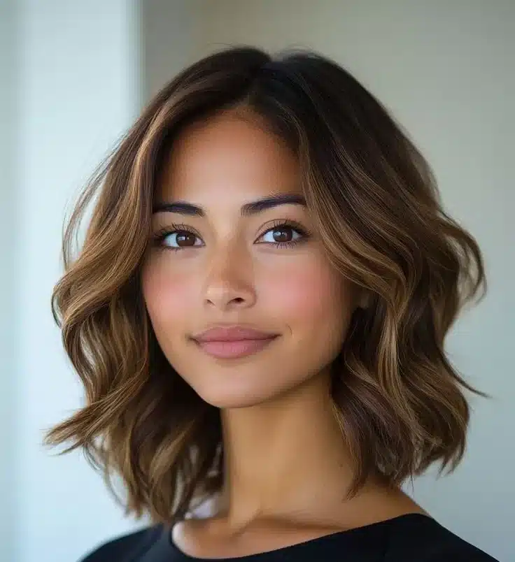 Cabelo curto com ondas suaves, visual romântico e delicado.