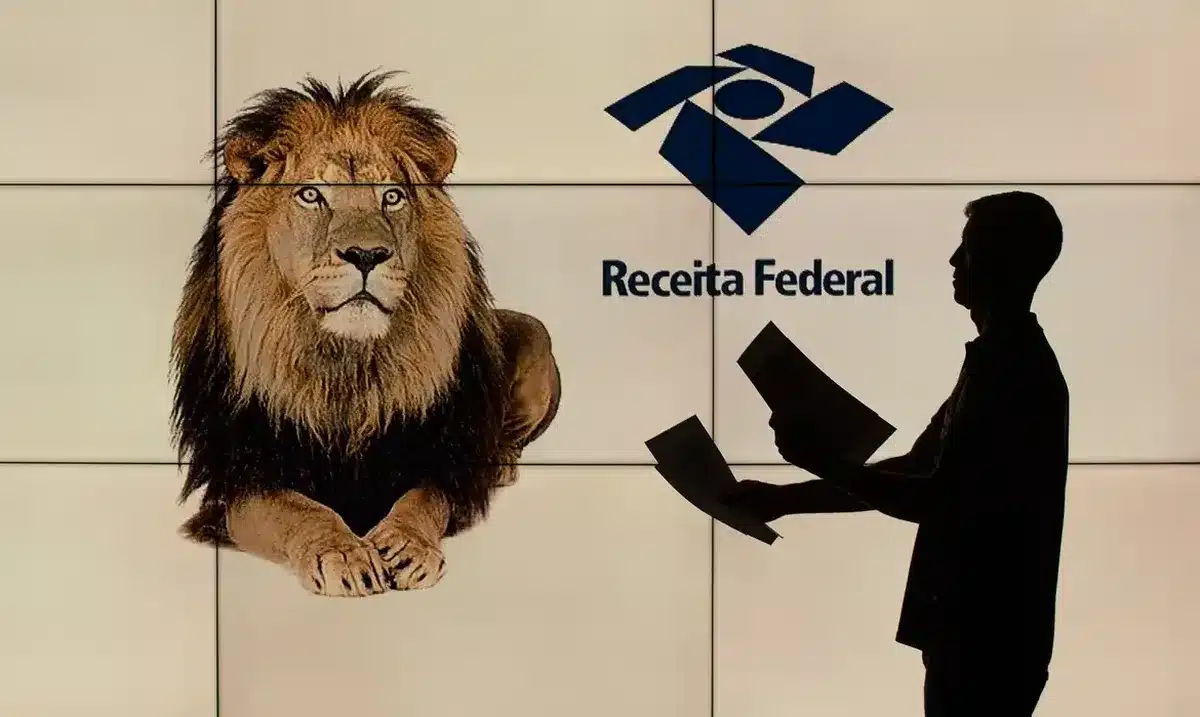 Imagem do leão da Receita Federal e uma pessoa segurando papéis, representando a declaração do Imposto de Renda.