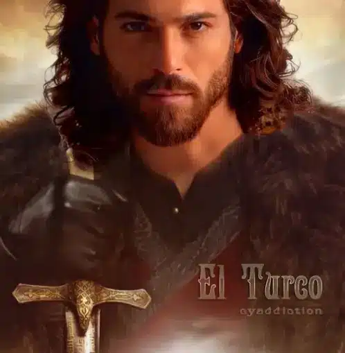 Personagem de 'El Turco' segurando uma espada, com uma expressão de determinação. O cenário dramático ao fundo enfatiza a personalidade forte e a trama da série.