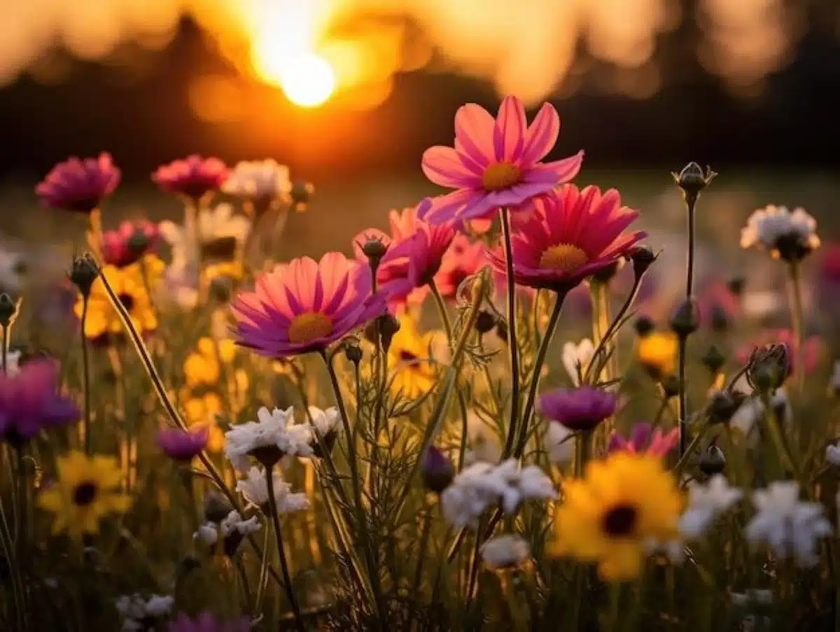 Campo florido com diversas flores coloridas ao pôr do sol.
