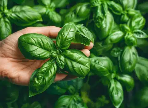 "Mão segurando folhas de manjericão afresco, mostrando a importância de podar as flores para manter a planta saudável."