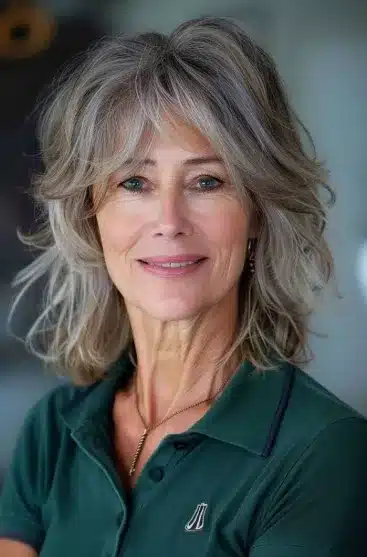 Mulher com franja longa dos anos 90, destacando o impacto desse estilo retrô no visual moderno.